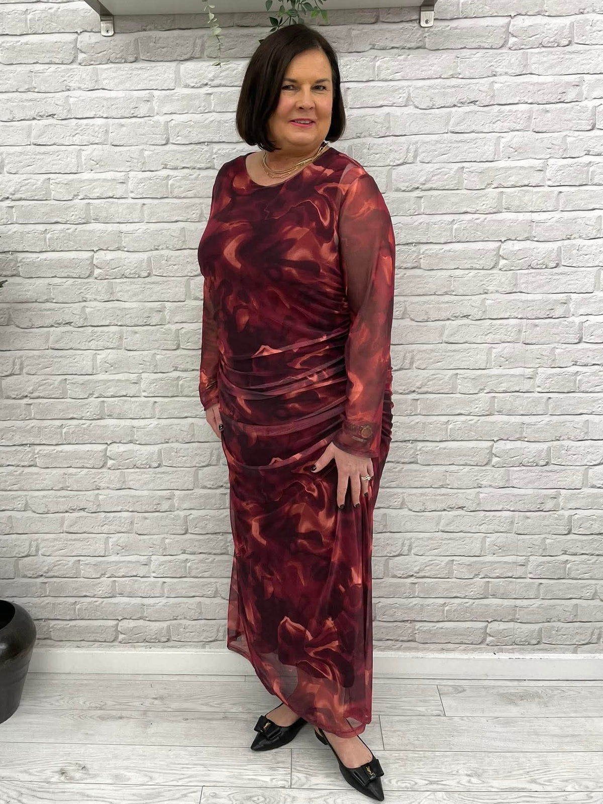 Marbled Ruched Dress - Merlot