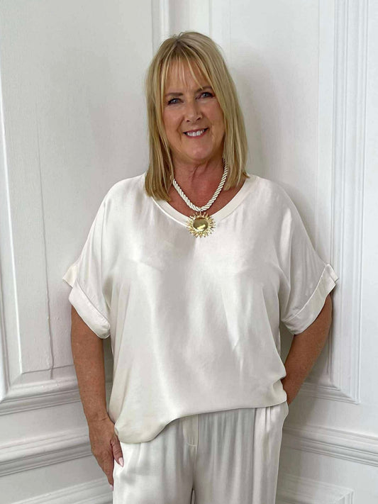Silk Feel V-Neck Top - Champagne
