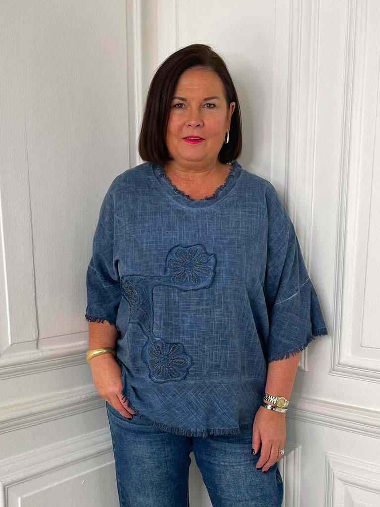 Flower Stitch Raw Edge Top - Denim