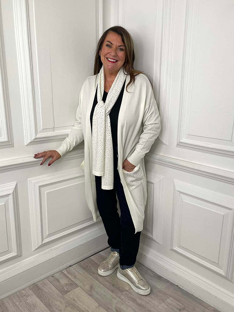 Malissa J Studded Cardigan & Scarf - Winter White