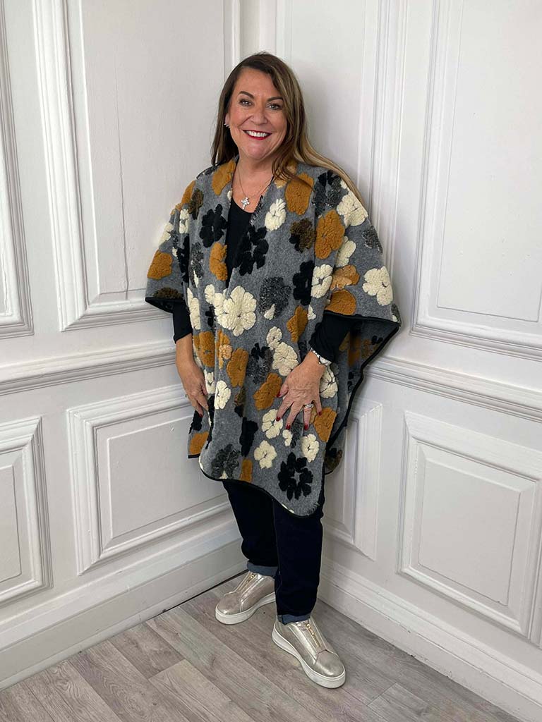 Malissa J Polar Fleece Flower Wrap - Grey & Tan