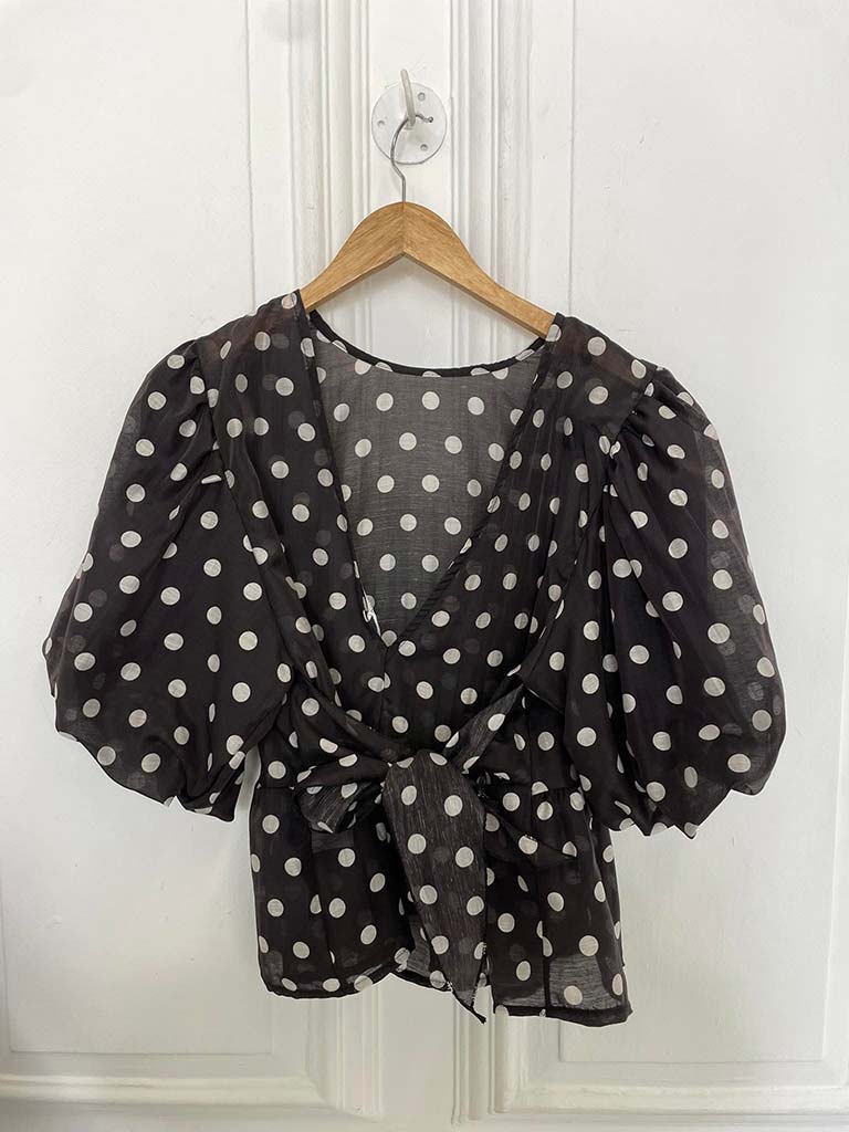 Polka Dot Puff Sleeve Top - Black