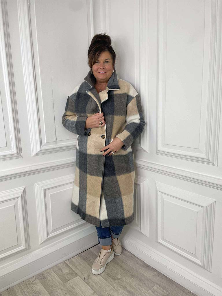 Check Wool Mix Coat - Stone
