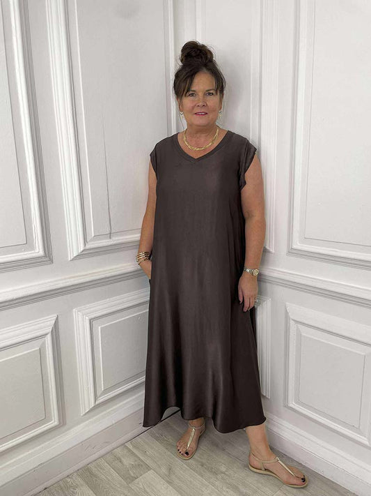 Silk Feel Midi Dress - Chocolate