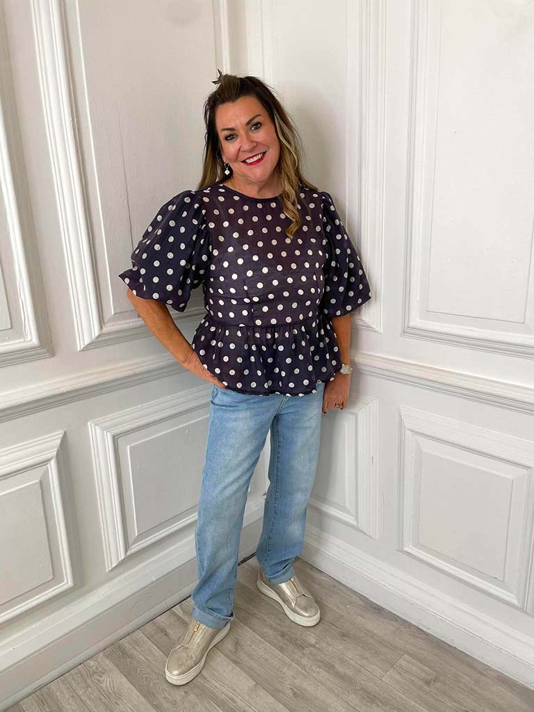 Polka Dot Puff Sleeve Top - Navy