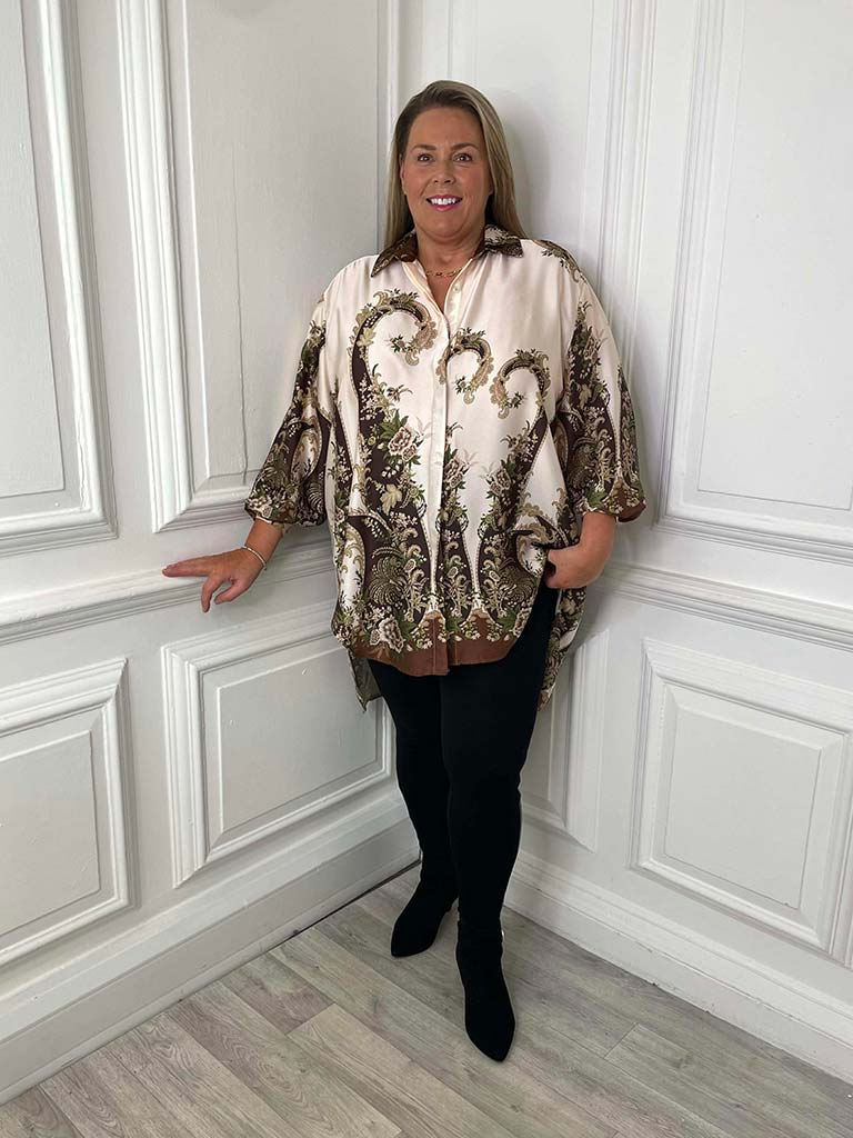 Ornate Floral Silk Feel Shirt - Champagne