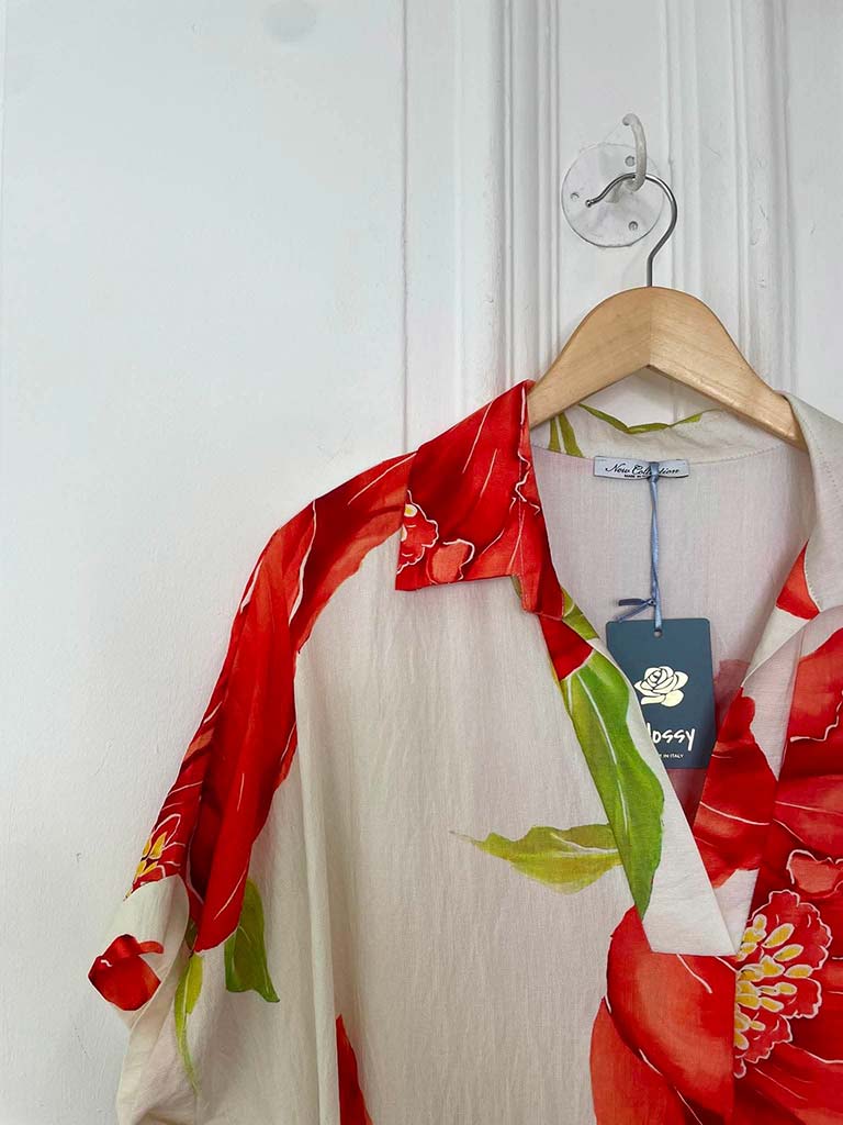 Floral Pocket V-Neck Dress - Red
