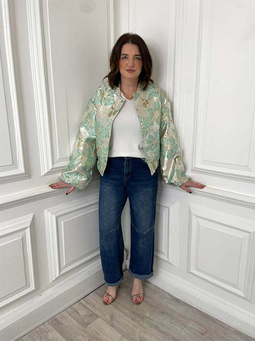 Metallic Puff Sleeve Bomber Jacket