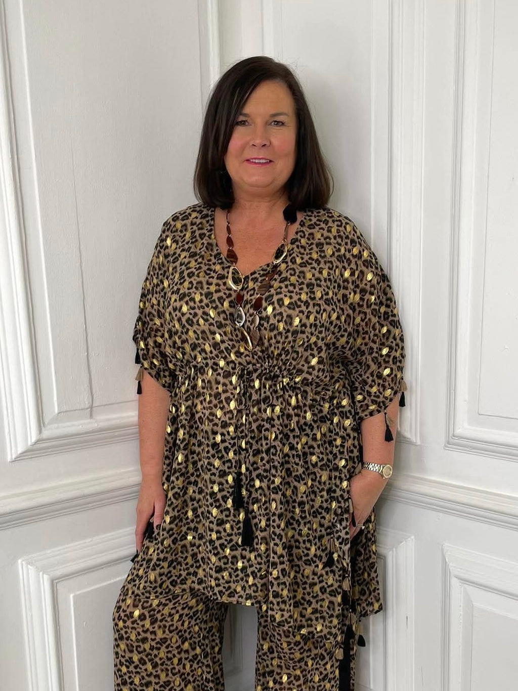 Brown leopard print kaftan with tassel ties, relaxed styling for womens fashion everyday wear. - Malissa J Leopard Tassel Kaftan