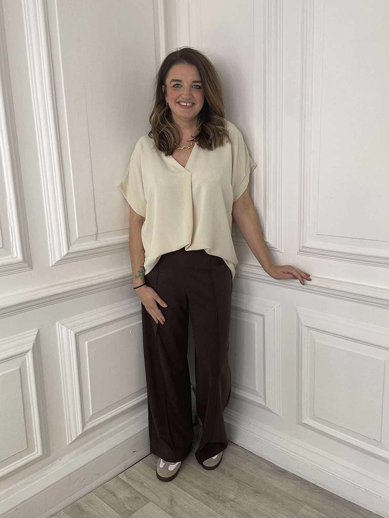V-Neck Pleat Front Top - Stone