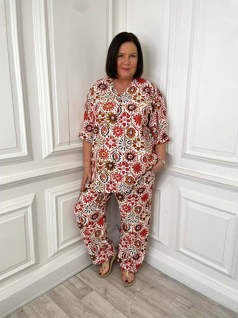Floral Tile Print Top - Blood Orange
