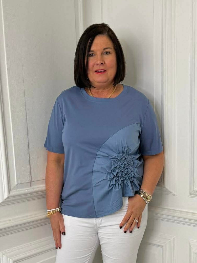 Blue jersey ruffle top with relaxed fit and ruched detailing for modern womens fashion and everyday wear. - Malissa J Jersey Ruffle Top - Denim