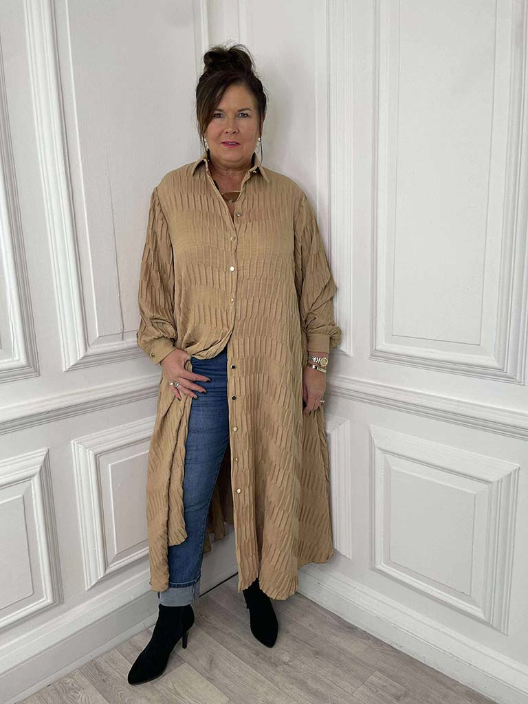 Textured Pleat Shirt Dress - Sand