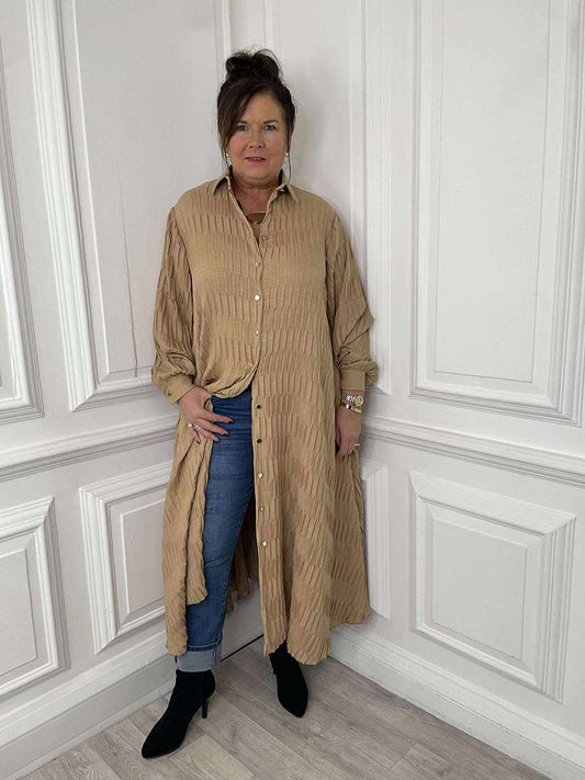 Textured Pleat Shirt Dress - Sand