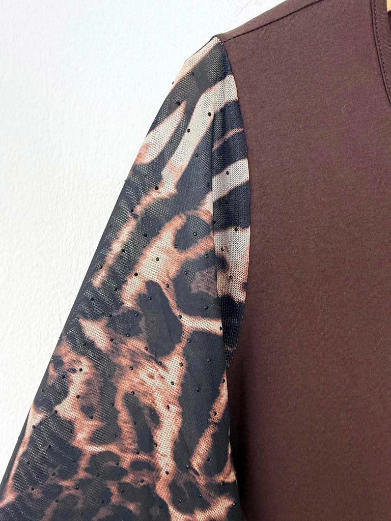 Malissa J Mesh Sleeve Top - Chocolate Leopard