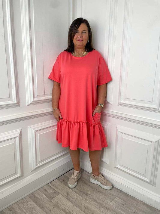 Drop Peplum Hem Dress - Coral