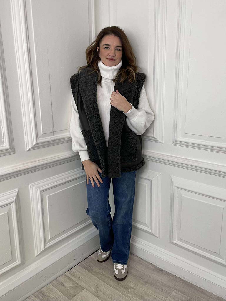 Faux Shearling Gilet - Gun Metal