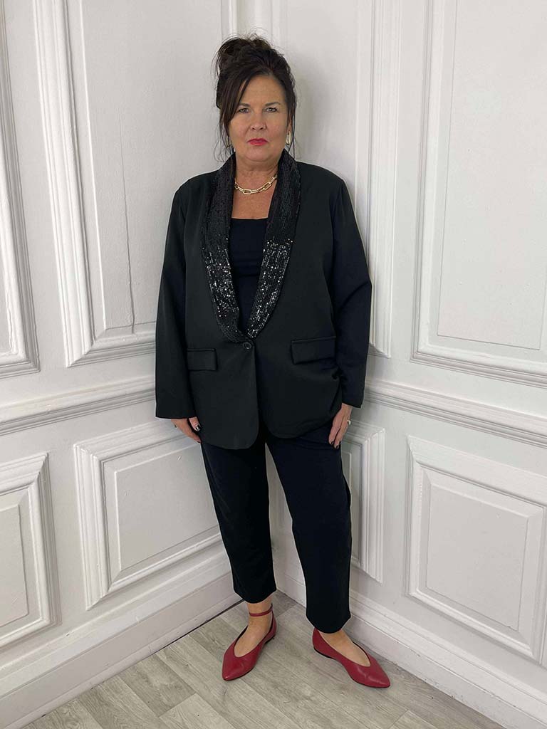 Sequin Lapel Blazer - Black