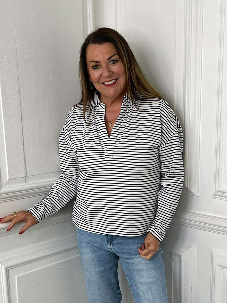 Stripe Collared Top - White & Navy