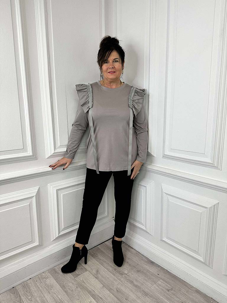 Malissa J Ruffle Shoulder Top - Mushroom