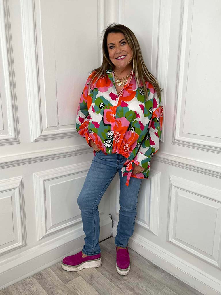 Malissa J Tropical Flower Drawstring Hem Shirt