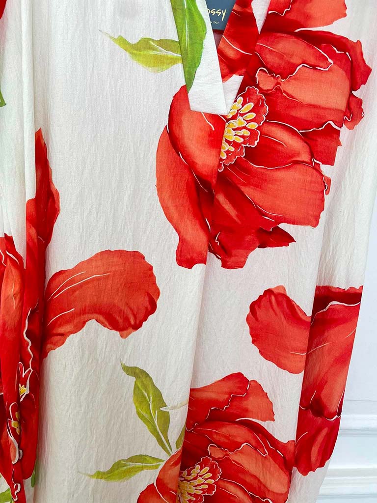 Floral Pocket V-Neck Dress - Red