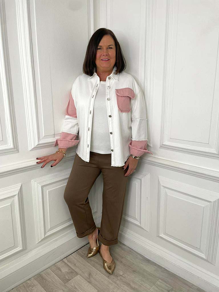 Colour Block Denim Jacket - Pink & White