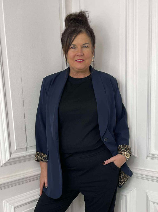Leopard Lined Blazer - Navy