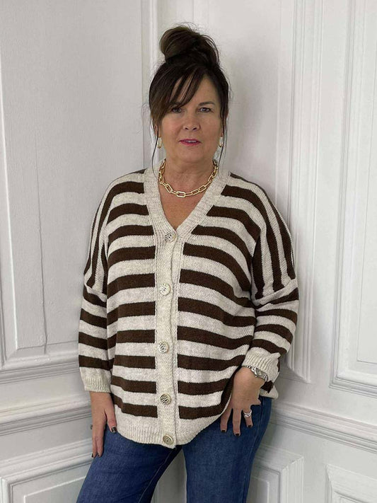 Oversized Striped Cardigan - Chocolate & Stone