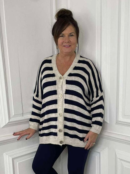 Oversized Striped Cardigan - Navy