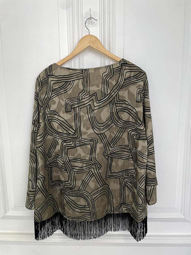 Malissa J Abstract Fringed Top - Taupe