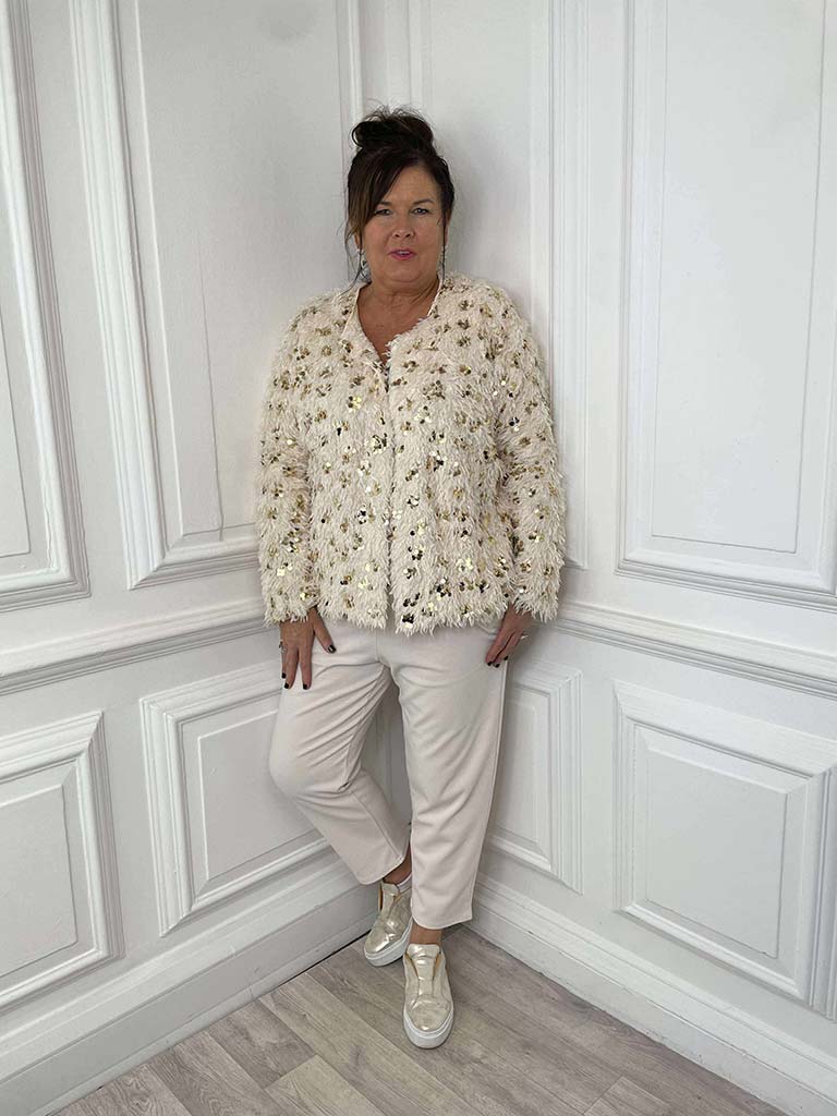 Faux Feather Sequin Jacket - Ecru