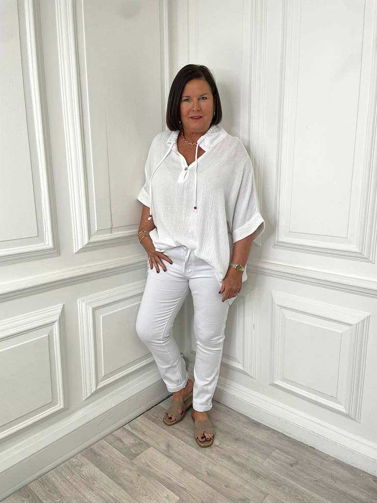 Drawstring Collar Oversized Tunic - White
