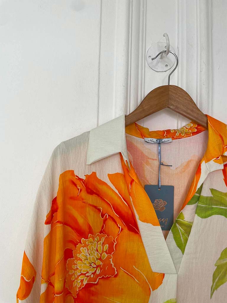 Floral Pocket V-Neck Dress - Orange
