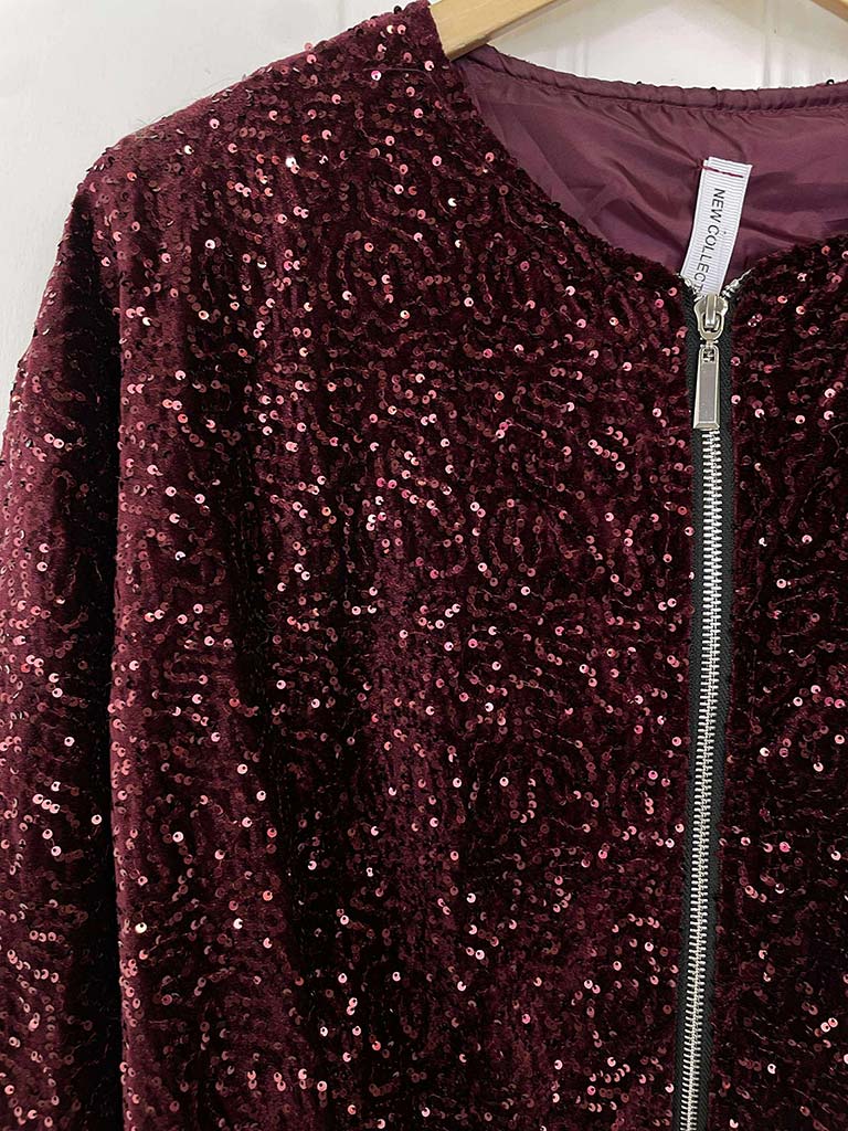 Sequin Bomber Jacket - Burgundy