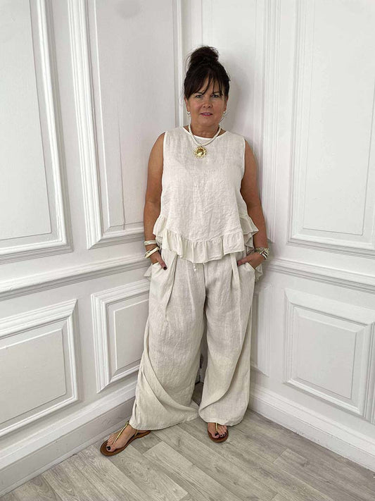Linen Pleat Front Trousers - Stone