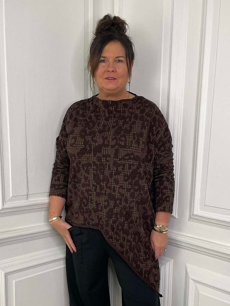 Leopard Check Asymmetric Top - Chocolate