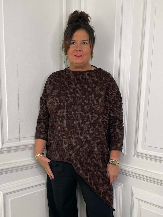Leopard Check Asymmetric Top - Chocolate