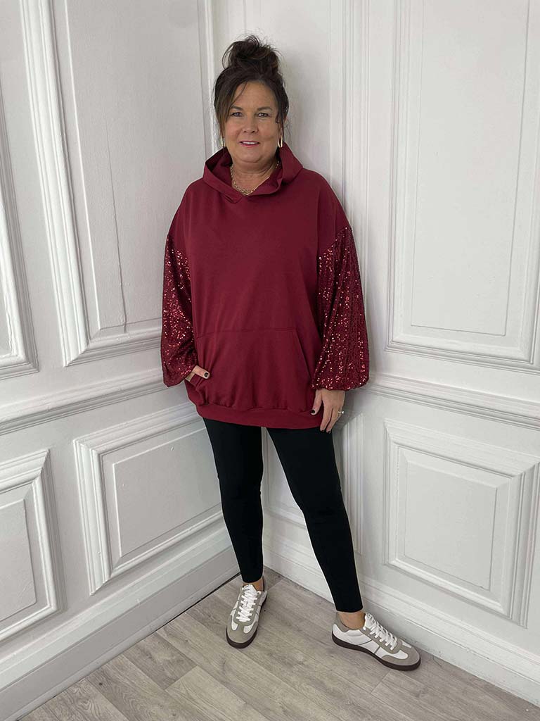 Sequin Sleeve Hoodie - Merlot