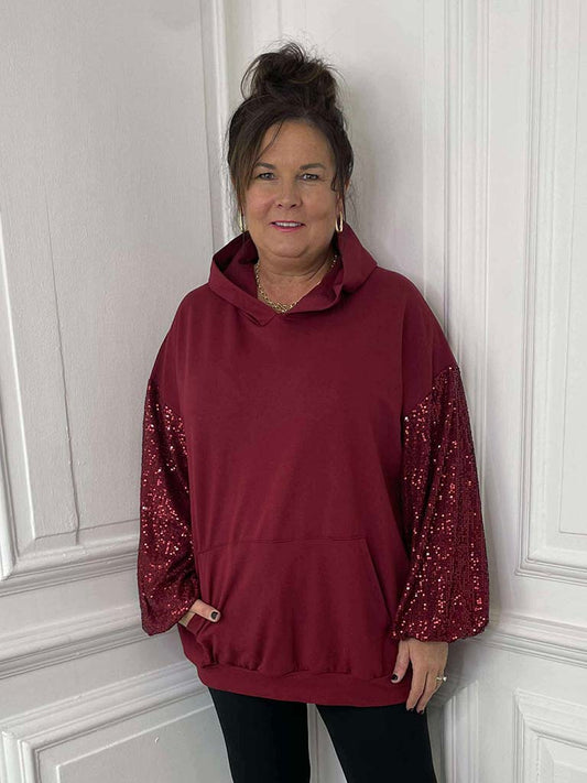 Sequin Sleeve Hoodie - Merlot