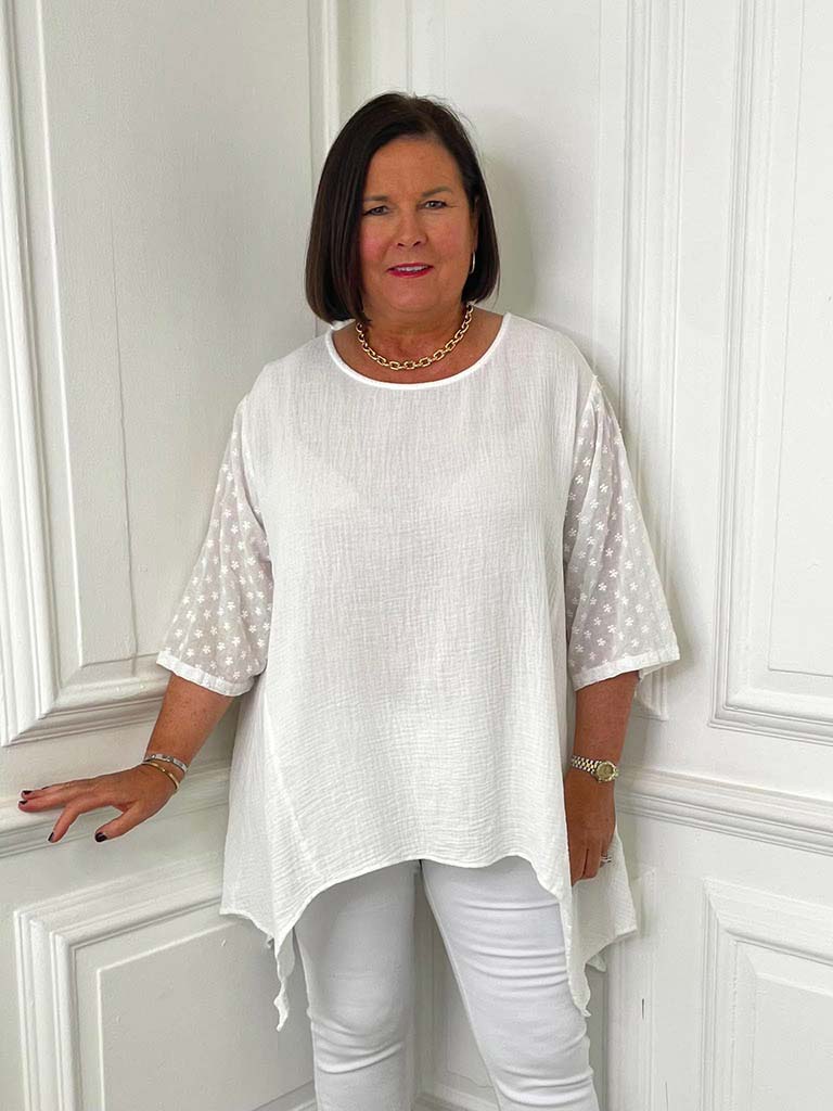 Ditsy Floral Sleeve Seersucker Top - White
