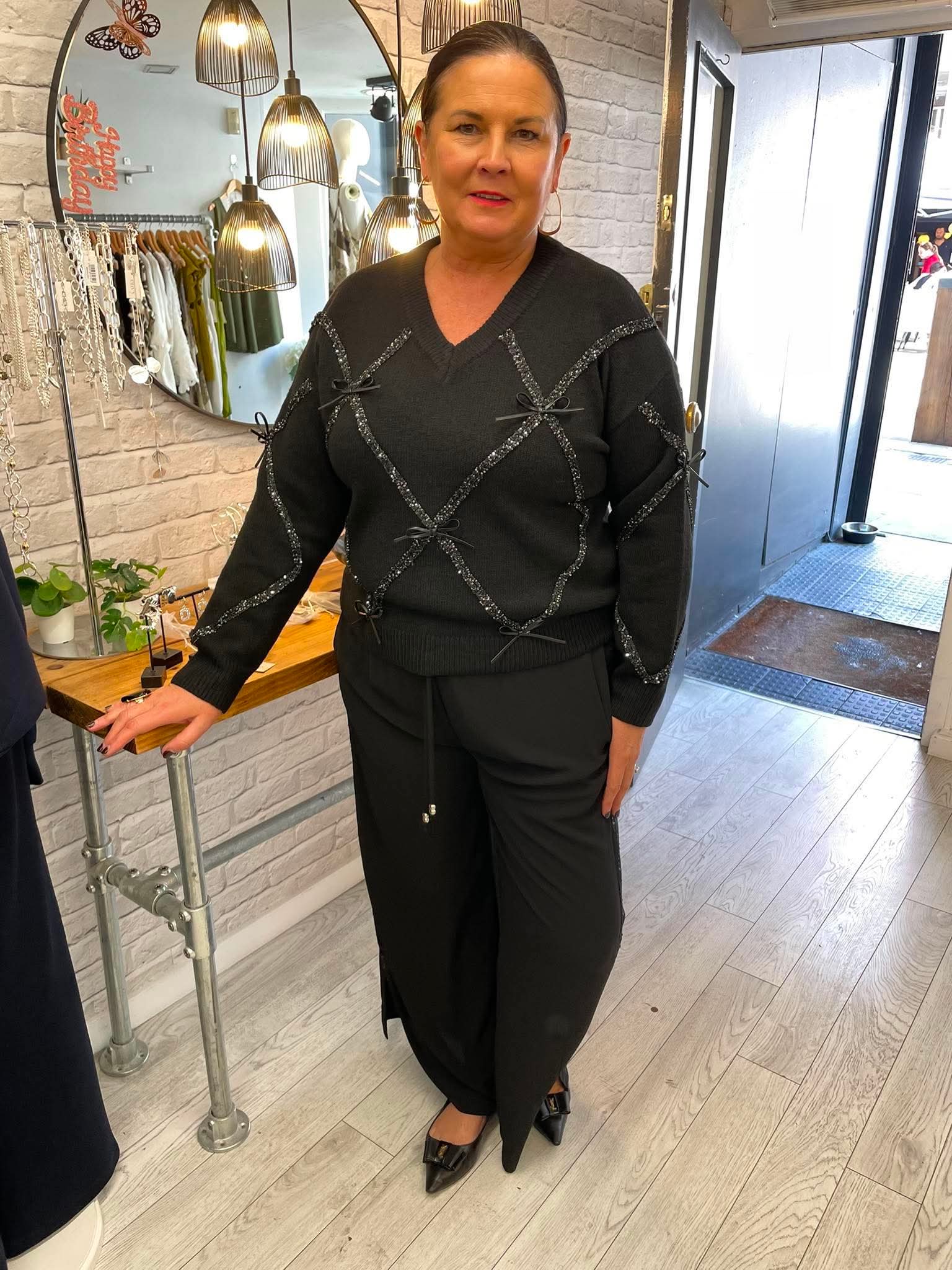 Malissa J Lace & Sequin Side Stripe Palazzos - Black
