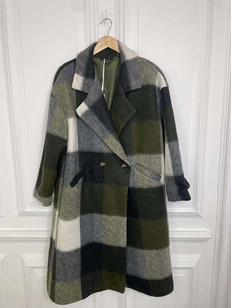 Check Wool Mix Coat - Khaki