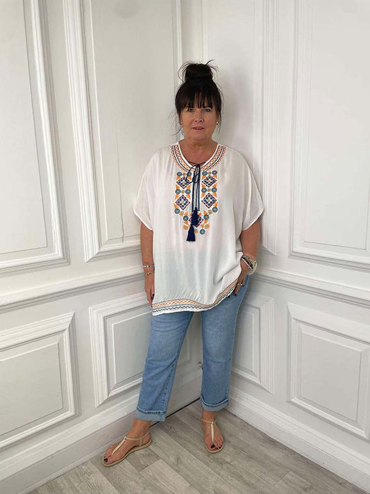 Folk Embroidered Kaftan Top - White