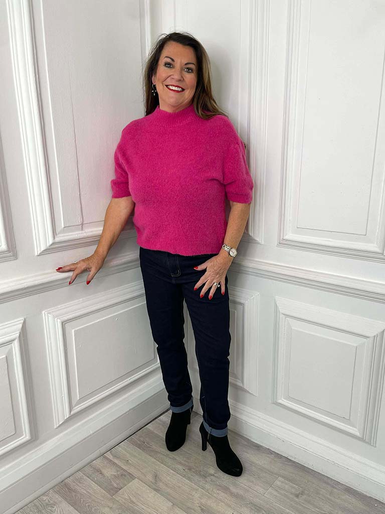 High Neck Short Sleeve Knit - Hot Pink