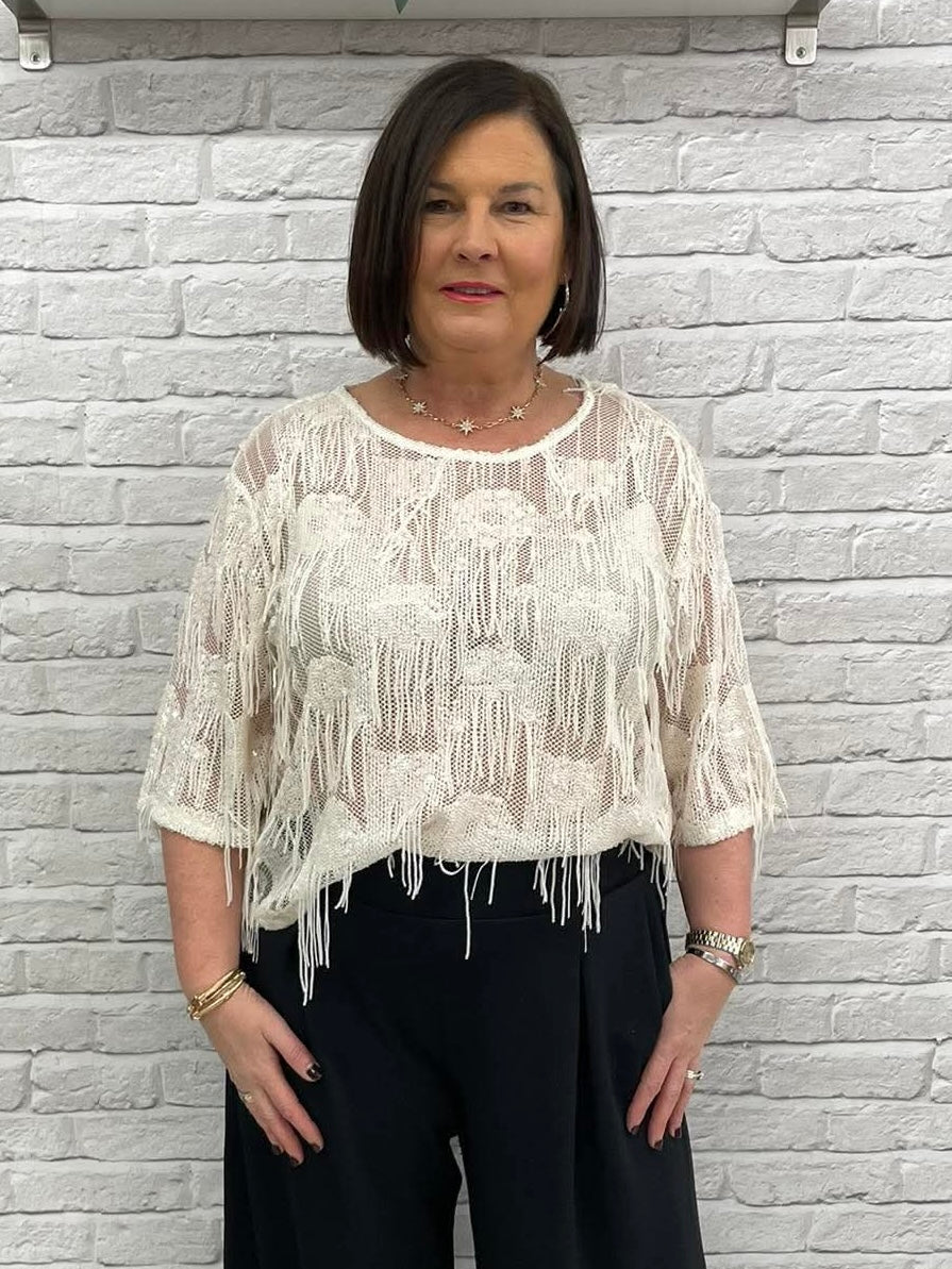 Soya Concept Jenda Sequin Fringed Top - Cream
