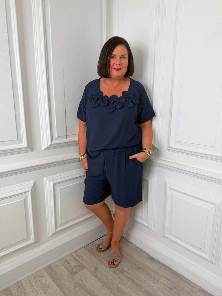 Flower Appliqué Shorts Co-ord - Navy