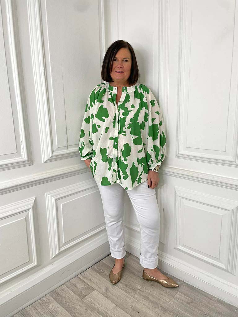 Balloon Sleeve Cow Print Blouse - Green