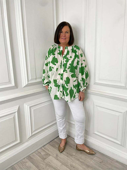 Balloon Sleeve Cow Print Blouse - Green