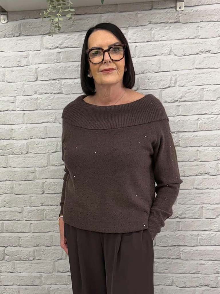 Malissa J Sequin Shimmer Bardot Knit - Chocolate